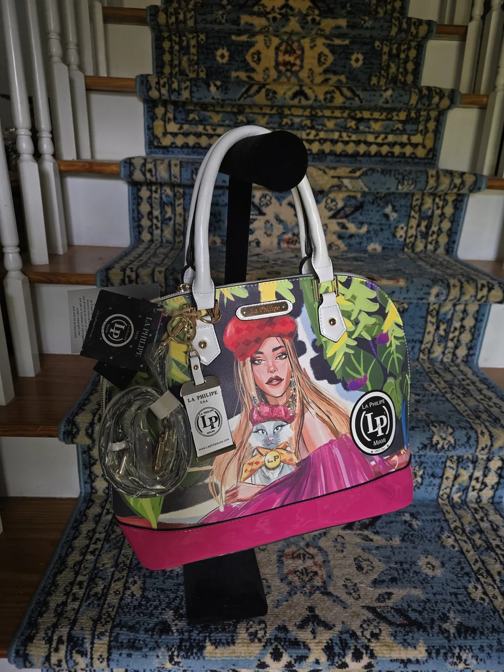 La Philipe Pink Accent Graphic Dome Satchel